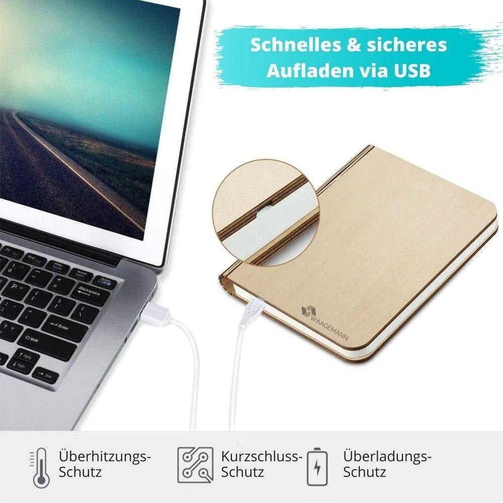 LumoBook - 360° aufklappbare Buchlampe aus Holz